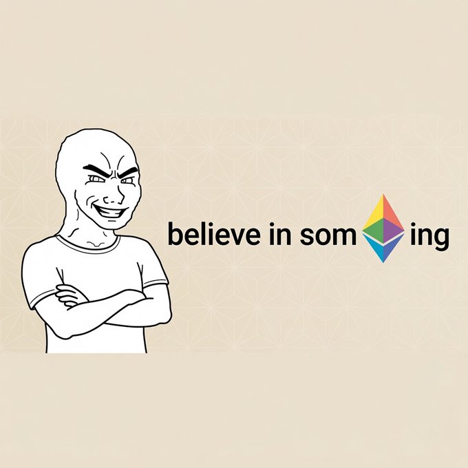A cartoon Wojak-style bald character with a smug expression standing with arms crossed next to the text 'believe in som[Solana logo]ing' on a beige background.