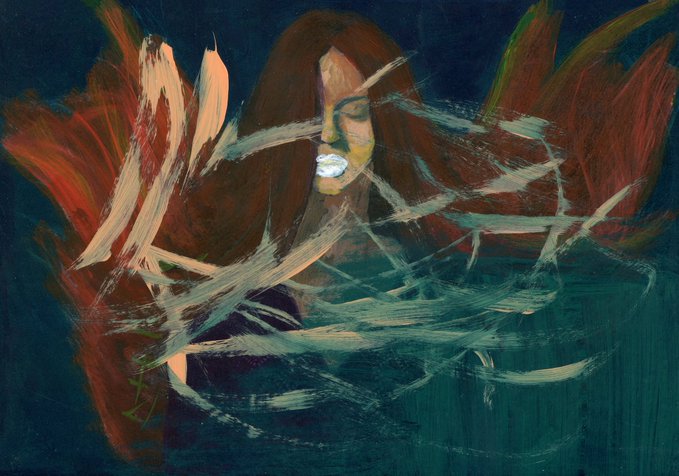 An expressive, abstract painting features a hooded figure with a partially obscured face, rendered in deep teals, browns, and fiery orange tones, with dynamic sweeping brushstrokes crossing the composition that evoke "the anthem of silence." A small green monogram in the lower left appears to read "ZT." The artwork is being offered as a 1/1 NFT for 0.05 ETH on Transient Labs.