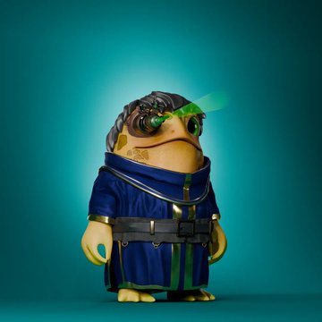 A figurine of a frog character wearing a dark blue robe with goggles, emitting a green beam from its eyes against a teal background. The image complements the post's optimistic message about Gimboz's price rebound, with the "laser-eyed" frog symbolizing a focused, upward momentum toward the next milestone, Geez APECHAIN.