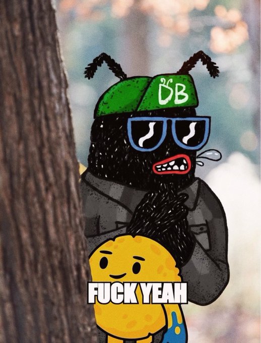 A digital illustration of a black, fuzzy bug-like character wearing a green cap with 'CB', sunglasses, and a trench coat, standing next to a small yellow character with the text 'FUCK YEAH'.