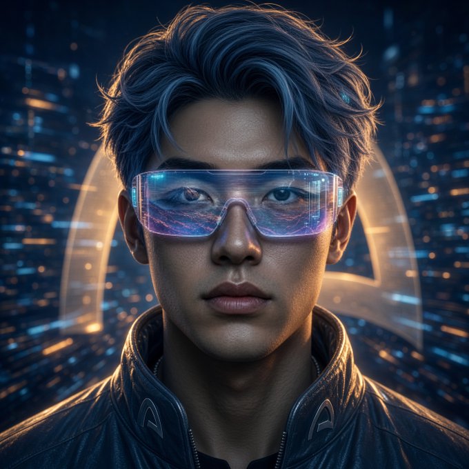 A futuristic digital portrait of a young man with tousled hair wearing a dark jacket and large transparent LED-style glasses that reflect a colorful display, set against a sci-fi cityscape background.