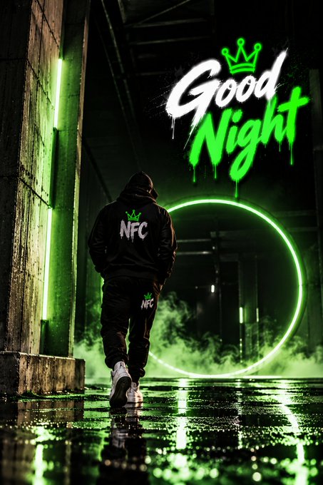 A stylized neon green and black urban image showing a hooded figure in 'NFC' branded clothing walking away, with a glowing green ring, fog, and graffiti-style text reading 'Good Night' topped with a crown.