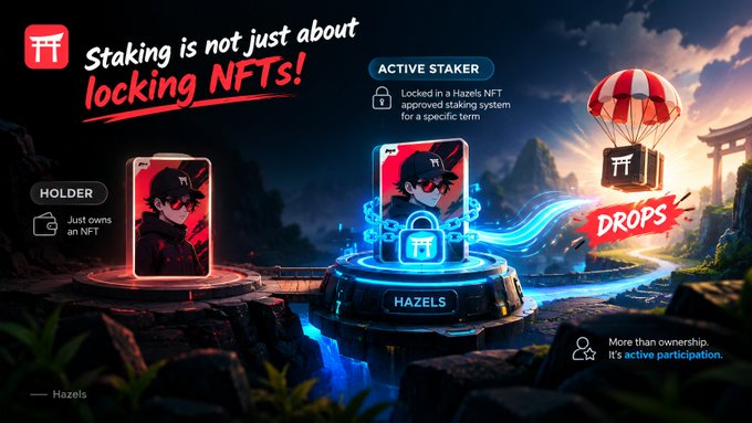 A promotional banner for 'Hazels' NFT staking, illustrating the difference between a Holder and an Active Staker, emphasizing that staking is active participation beyond just ownership, with an air-dropped package dropping from a parachute.