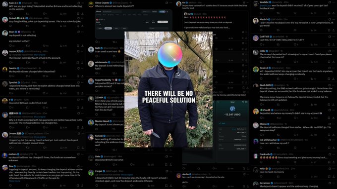 A collage of Twitter/X posts surrounding a central image of a hooded figure holding a knife with the text "THERE WILL BE NO PEACEFUL SOLUTION," highlighting user complaints and warnings about depositing into @world_xyz due to deposit address issues.