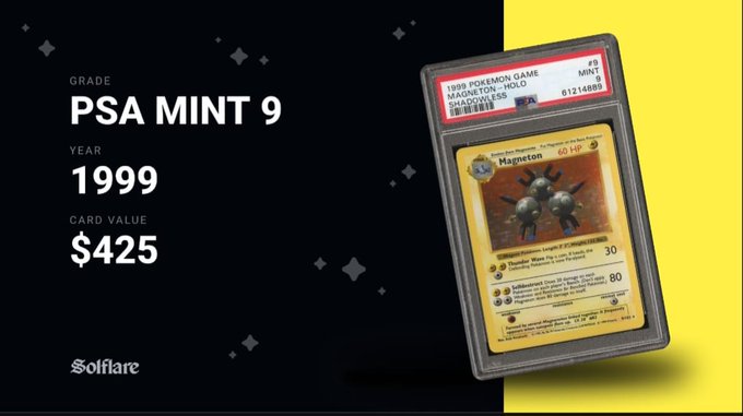 A PSA Mint 9 graded 1999 Pokémon Magneton card (valued at $425) is displayed alongside text detailing its grade, year, and card value, with the Solflare logo at the bottom—visually complementing the post celebrating the discovery that "Pokémon" means "Pocket Monsters" by showcasing a vintage holographic card from the franchise.