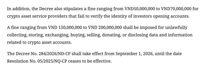Text describing Vietnamese crypto regulations (Decree No. 284/2026/NĐ-CP) outlining fines ranging from VND 50,000,000 to VND 200,000,000 for crypto asset service providers, effective September 1, 2026.