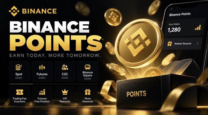 An advertisement for 'BINANCE POINTS' featuring a gold coin, a smartphone displaying 'Your Points 1,280', and icons for earning categories like Spot, Futures, and C2C.