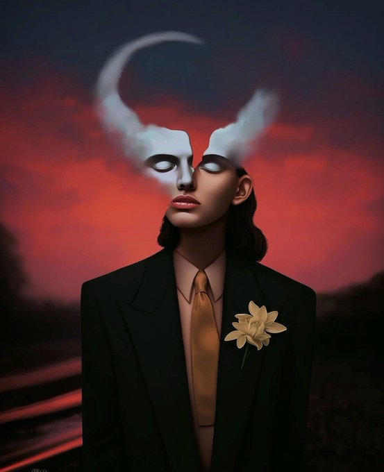 A solitary figure in a black suit with a golden tie and a cream-colored flower stands against a blood-red sky, his face split into two contrasting halves—one ghostly white and half-formed from smoke, the other flesh-toned with closed eyes—visually embodying the fractured duality of Dostoevsky's "The Double" as referenced in the post. The surreal composition and crimson twilight reinforce the psychological abyss theme of "Echoes Forgotten," the ITIA NFT Episode 23 piece.