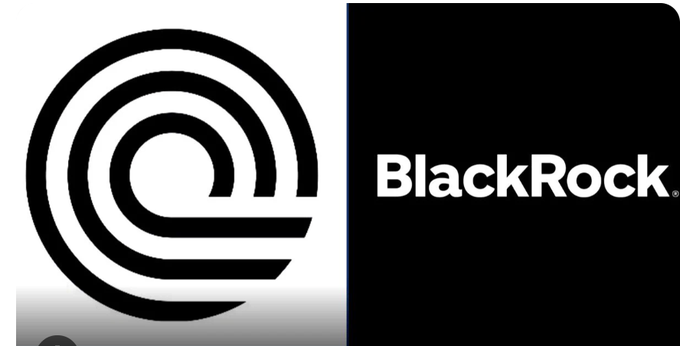 A split image showing the Coinbase logo on the left and the BlackRock logo on the right.