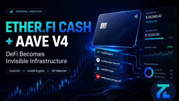 A promotional graphic titled "ETHER.FI CASH + AAVE V4: DeFi Becomes Invisible Infrastructure" showcasing a sleek credit card alongside a dashboard displaying a $24,560.42 cash balance, $17,230.00 available credit at 77% LTV, and a portfolio health pie chart, with technical layers (Credit Engine, Lending Layer Aave V4, Liquidity Layer, OP Mainnet Settlement) illustrating ether.fi's shift of its credit backend to a dedicated Aave V4 instance on Optimism.