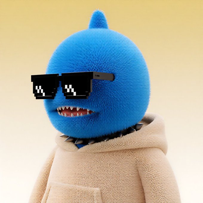 A 3D-rendered blue fluffy character wearing pixelated black sunglasses, a spiked collar, and a beige hoodie against a yellow background.
