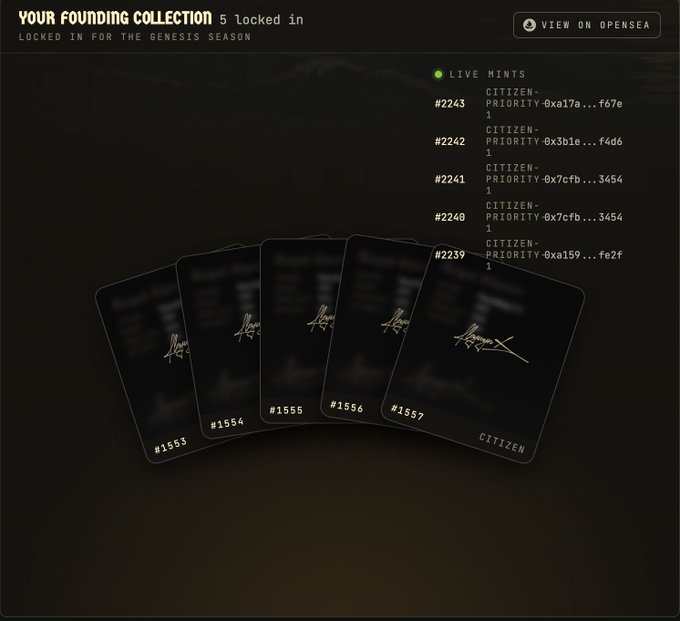 A digital interface displays 'YOUR FOUNDING COLLECTION' with 5 locked-in items, showing NFT cards numbered #1553 through #1557 alongside live mints labeled 'CITIZEN-PRIORITY' with transaction hashes.
