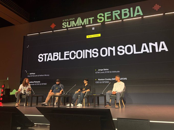 A panel discussion on "Stablecoins on Solana" at the Solana Summit Serbia, featuring speakers Arif Kazi (Reflect Money), Joshua Richards (Founder & COO @SP3ND), Jorge Selva (GTM Lead, EVM @Altitude), and Kenton Cooley (MODERATOR, CEO @SP3ND). The accompanying post highlights insights shared by panelists on topics including using Solana as a business account platform, enabling purchases with stablecoins via SP3ND, and structuring risk for yield-bearing dollar products through Reflect Money.