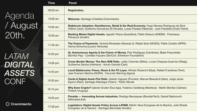 An agenda for the LATAM Digital Assets Conf on August 20th, listing panel topics and speakers across various time slots from 9:00 am to 5:30 pm.