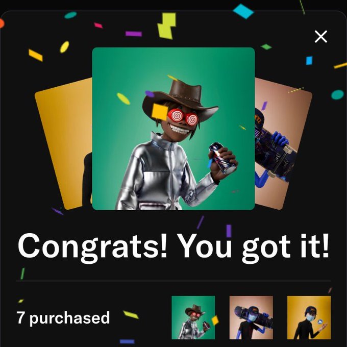 A mobile app notification displaying 'Congrats! You got it!' with a stylized 3D character in a cowboy hat and swirly glasses, noting '7 purchased'.
