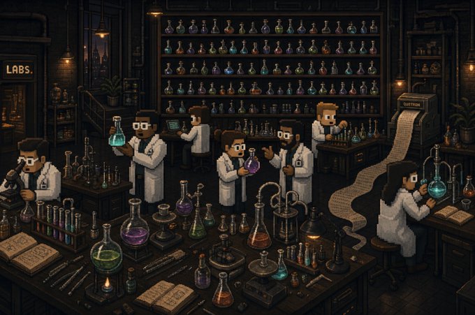 A group of scientists and researchers in lab coats are working in a laboratory filled with colorful potions and scientific equipment, with signs reading "LABS." and "CUSTOM." The pixel-art scene symbolizes innovation and experimentation, fitting the post's message about being early to the @labs_onink project, whose "roadmap" promises groundbreaking developments yet to come.