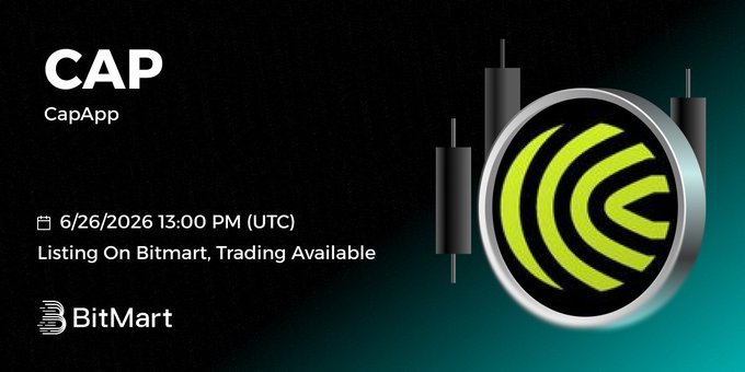BitMart promotional graphic announcing the listing of CapApp ($CAP), displaying the listing date "6/26/2026 13:00 PM (UTC)" alongside the CapApp logo featuring a stylized green "C" design on a dark background with candlestick motifs.