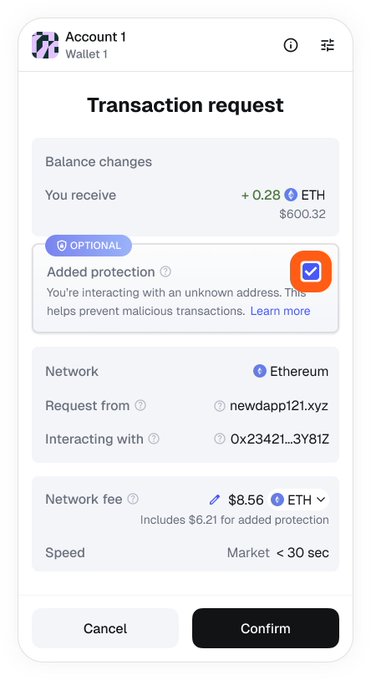 A mobile MetaMask wallet transaction request screen showing a receipt of +0.28 ETH ($600.32), with network fee $8.56 ETH, requesting from newdapp121.xyz, and an 'Added protection' warning enabled.