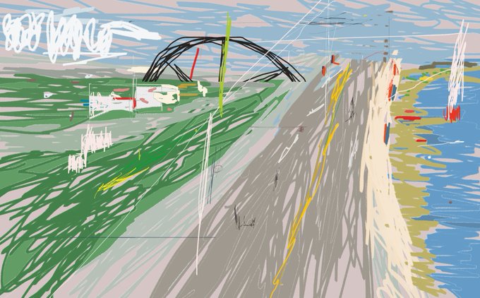 A digital sketch or painting showing a bridge over water and land, rendered in a loose, impressionistic style with vibrant greens, blues, and grays.