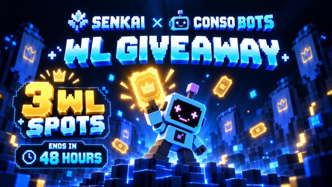 The image is a vibrant pixel-art promotional graphic for a "SENKAI × CONSO BOTS WL GIVEAWAY," offering 3 whitelist spots ending in 48 hours, featuring a robot character holding a crown-emblazoned token. It visually reinforces the post's announcement of a collaboration giveaway distributing 3 CONSO BOT whitelist spots to the community.