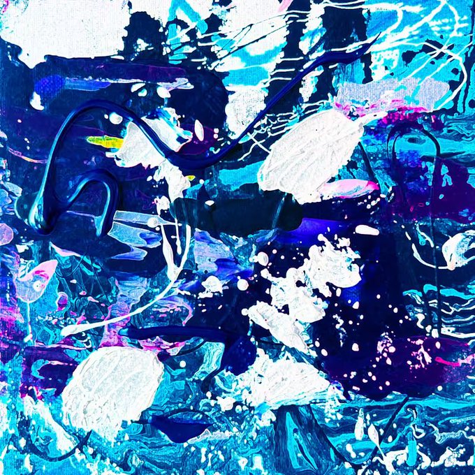 An abstract painting features swirling blues, whites, and hints of pink and yellow in a chaotic, fluid composition.