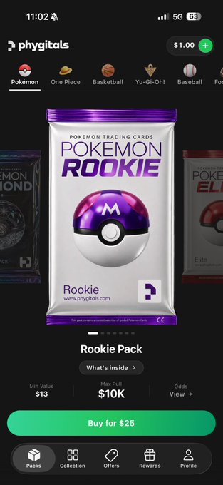 A mobile app screenshot from 'phygitals' shows a 'Rookie Pack' Pokemon trading card pack for sale at $25, featuring a purple and white Pokeball, with a 'Max Pull' of $10K.