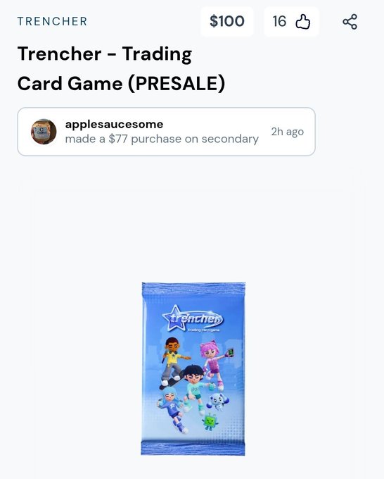 A product page screenshot for 'Trencher – Trading Card Game (PRESALE)' showing a blue card pack with cartoon characters, noting a $77 purchase by 'applesaucesome' on secondary.