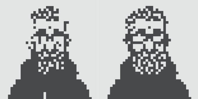 A pixel art style image showing two gray figures with glitchy, blocky hair and scarf-like patterns, their lower bodies forming solid triangular shapes.