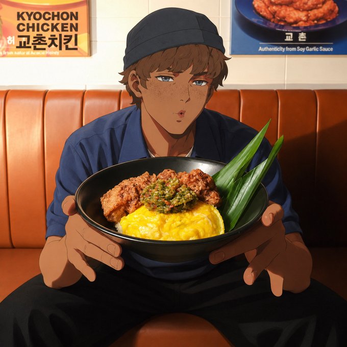 An anime-style illustration shows a young man in a blue cap and shirt holding a black bowl filled with fried chicken topped with sauce, a yellow omelet over rice, and green onions, seated in a Kyochon Chicken restaurant. Posters on the wall read "KYOCHON CHICKEN" and "Authenticity from Soy Garlic Sauce."

The image has no direct connection to the post's crypto and wellness topics—it simply depicts someone enjoying a hearty meal, making it an unexpected or mismatched visual pairing with the discussion of @quipnetwork and @sleepagotchi.