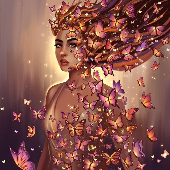 A digital artwork of a woman surrounded by a swarm of glowing orange and purple butterflies, with her hair flowing upward amid sparkling particles.