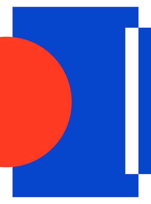 A minimalist abstract design featuring a red circle overlapping a blue rectangle and a white vertical stripe on a white background.