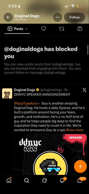 An X (Twitter) screenshot of @doginaldogs profile showing they have blocked the viewer, with a pinned tweet announcing "DDNYC SPEAKER ANNOUNCEMENT" featuring @GuyTypeAura and a DDNYC 2026 graphic with a pixelated dog character.