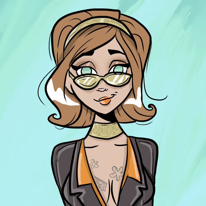 A digital cartoon portrait of a woman with brown hair, green eyes, and yellow-tinted sunglasses, wearing an orange shirt and black jacket with a patterned choker, set against a light teal background.