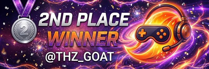 A gaming banner declaring '2ND PLACE WINNER' for @THZ_GOAT, featuring a silver medal with '2' on it and a flaming orange game controller with headset against a cosmic purple background.