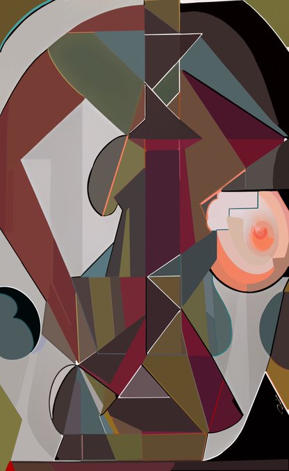 An abstract cubist painting featuring fragmented geometric shapes and muted colors like brown, gray, olive, and salmon.