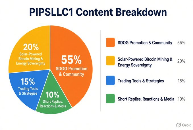 A pie chart titled 'PIPSLLLC1 Content Breakdown' showing 55% $DOG Promotion & Community (orange), 20% Solar-Powered Bitcoin Mining & Energy Sovereignty (yellow), 15% Trading Tools & Strategies (blue), and 10% Short Replies, Reactions & Media (green), created by Grok.