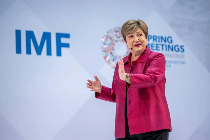 A woman in a pink blazer speaking at a podium with the IMF logo and 'SPRING MEETINGS' text visible in the background.