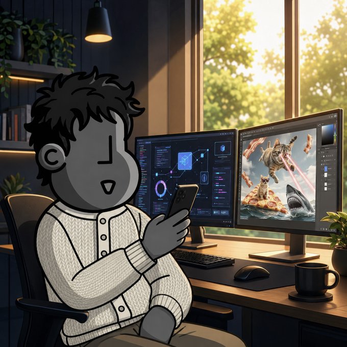 A cartoonish character in a cardigan sits contentedly at a dual-monitor setup, one screen displaying code/development tools while the other shows a whimsical cat riding a shark with a pizza, perfectly matching the casual "gm Friday" vibe of building something useful while sharing something wonderfully absurd.