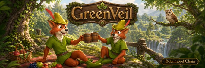 A colorful banner with the heading "GreenVeil," depicting two anthropomorphic foxes in green outfits sharing wooden mugs in a lush forest setting, with "Robinhood Chain" written in the corner.