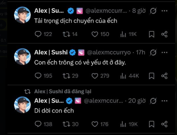 Screenshot of three social media posts from user 'Alex | Sushi' (@alexmccurryo) with Vietnamese text including 'Tải trọng dịch chuyển của ếch', 'Con ếch trông có vẻ yếu ớt ở đây', and 'Di dời con ếch', showing engagement metrics like 122, 195, and 138 replies.