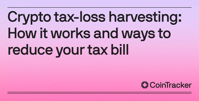 A pink gradient graphic displays the title 'Crypto tax-loss harvesting: How it works and ways to reduce your tax bill' alongside the CoinTracker logo.