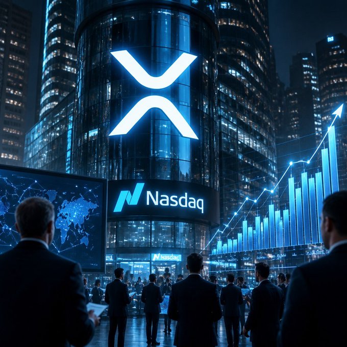 A stylized digital illustration of the Nasdaq stock exchange building at night, featuring a large glowing 'XRP' logo, a Nasdaq signage, and businesspeople viewing ascending stock charts and a world map display.
