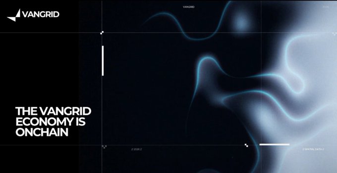A promotional graphic for VANGRID displays the text 'THE VANGRID ECONOMY IS ONCHAIN' against an abstract blue background.
