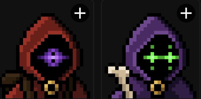 Two pixel art hooded figures on a black background with '+' buttons in the corners: one in a red hood with a purple eye symbol, the other in a purple hood with a green plus symbol holding a bone.