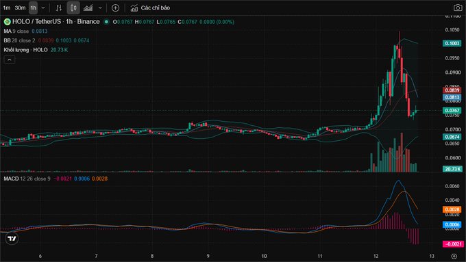 A cryptocurrency trading chart for HOLO/TetherUS on Binance with candlesticks showing a price surge to around 0.1001, including Bollinger Bands and MACD indicators.