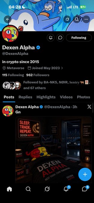 Screenshot of a Twitter/X profile for 'Dexen Alpha' (@DexenAlpha), described as 'in crypto since 2015', with a post about 'SLEEP TRADE REPEAT'.