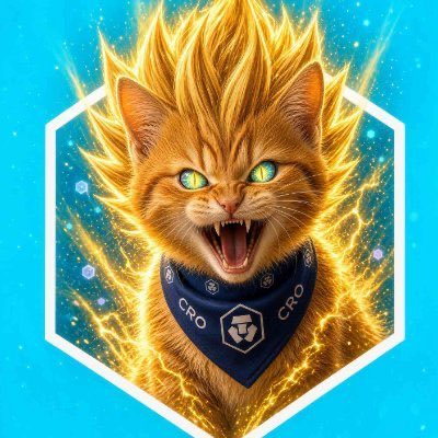 A digital illustration of a roaring orange tabby cat with spiky golden hair and glowing yellow eyes, wearing a bandana with 'CRO' logos, set against a blue background with lightning effects.