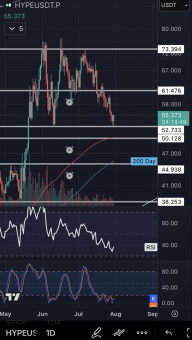 The image is a TradingView daily chart of **HYPE/USDT.P** showing the price action hovering near $55.37, with key levels marked at $52.733 (range low), $44.938 (200-day MA below), and resistance zones at $61.476 and $73.394—visually supporting the post's view that the current $55 area is near the range low and a frontrun entry for a move toward the $45–50 zone, with invalidation signaled only on a close back above $53.