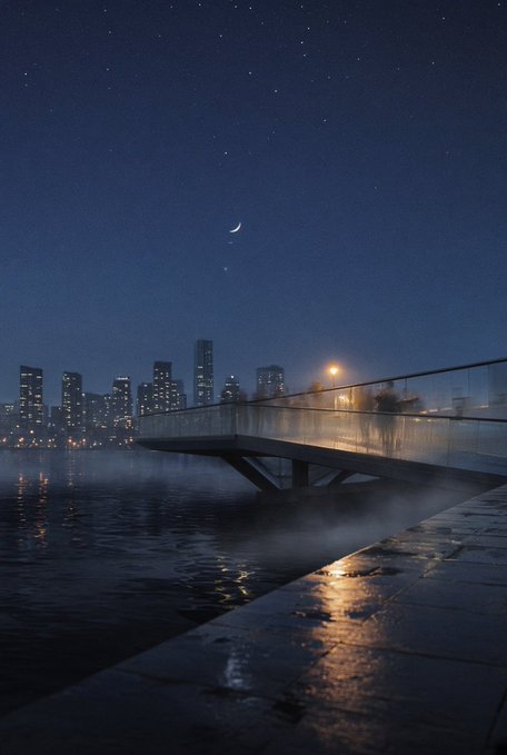 A nighttime cityscape viewed from a waterfront walkway, featuring a crescent moon and stars above illuminated skyscrapers.