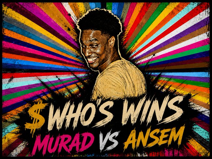 A vibrant, colorful graphic with radiating rainbow stripes featuring a smiling man and bold text reading '$WHO'S WINS MURAD VS ANSEM' — referencing the meme coin rivalry.
